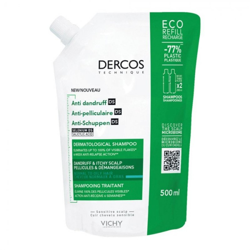 Vichy Dercos Shampoo trattante anti-forfora per capelli da normali a grassi, eco-ricarica 500ml