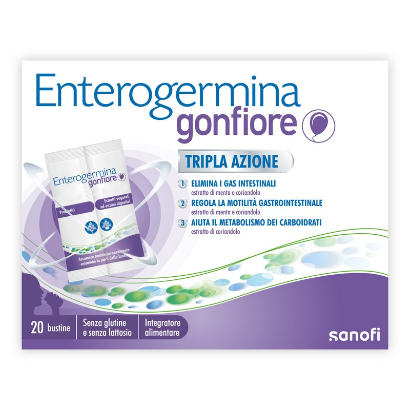Enterogermina Gonfiore 20 bustine, Integratore Alimentare con Probiotici, Enzimi Digestivi e Fermenti Lattici per Adulti Contro Gonfiore Addominale, Gusto Pesca