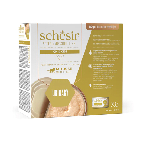 SCHESIR GATTO VETERINARY SOLUTIONS URINARY MOUSSE POLLO PEZZETTI TONNO FILETTI POLLO 3x80GR (lattine) - MULTIPACK