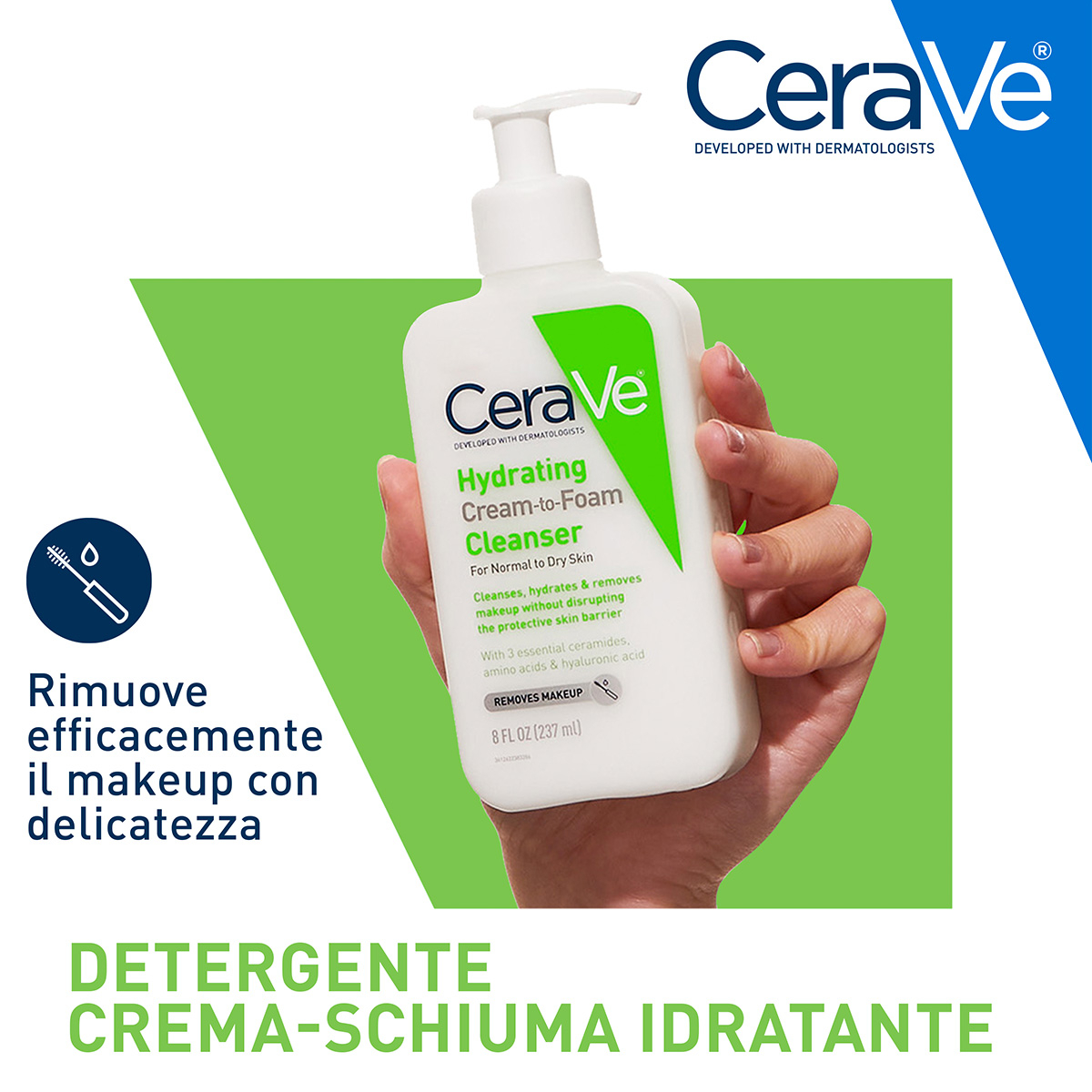 CeraVe Detergente Idratante Viso Pelle da Normale a Secca, con acido ialuronico e ceramidi 473 ml