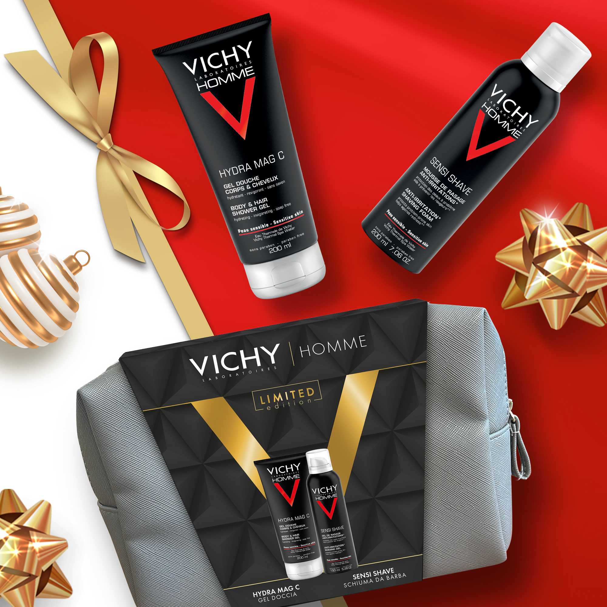 Vichy Pochette Regalo da Uomo per le esigenze specifiche della pelle maschile con Gel Doccia Hydra Mag C  200 ml + Schiuma Da Barba Sensi Shave  200 ml