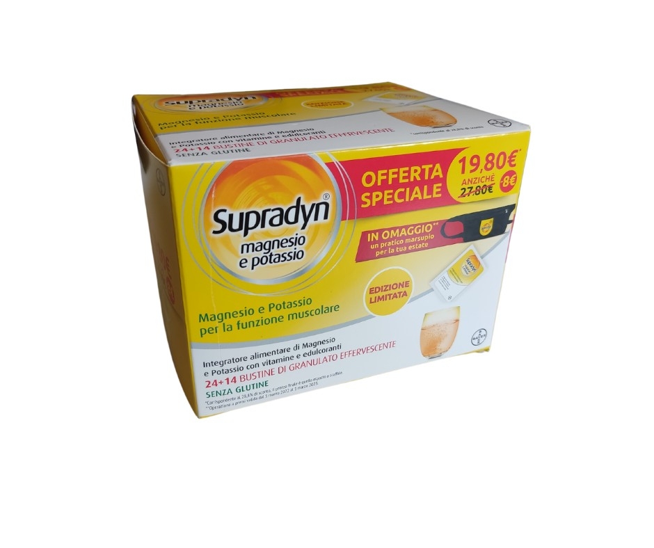 Supradyn Magnesio e Potassio, Edizione Limitata, Integratore completo con Vitamine B, Vitamina C  e Minerali, in caso di Caldo, Afa e Sport, Gusto Arancia, 24 + 14 Bustine