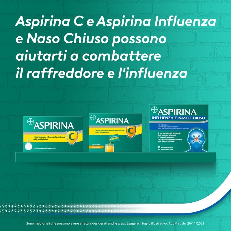 Aspirina Influenza e Naso Chiuso, Granulato per Soluzione Orale, 500mg Acido Acetilsalicilico + 30mg Pseudoefedrina, Effetto Antipiretico e Decongestionante, 20 Bustine