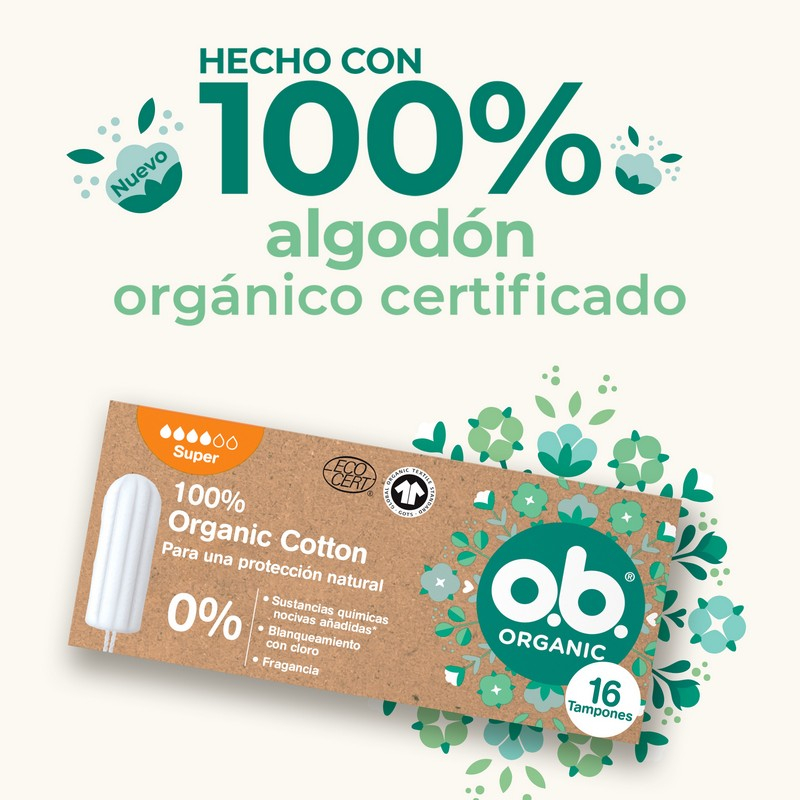 o.b. Assorbenti Interni, Organic Super, 100% Cottone Biologico, 16 Tamponi, color White