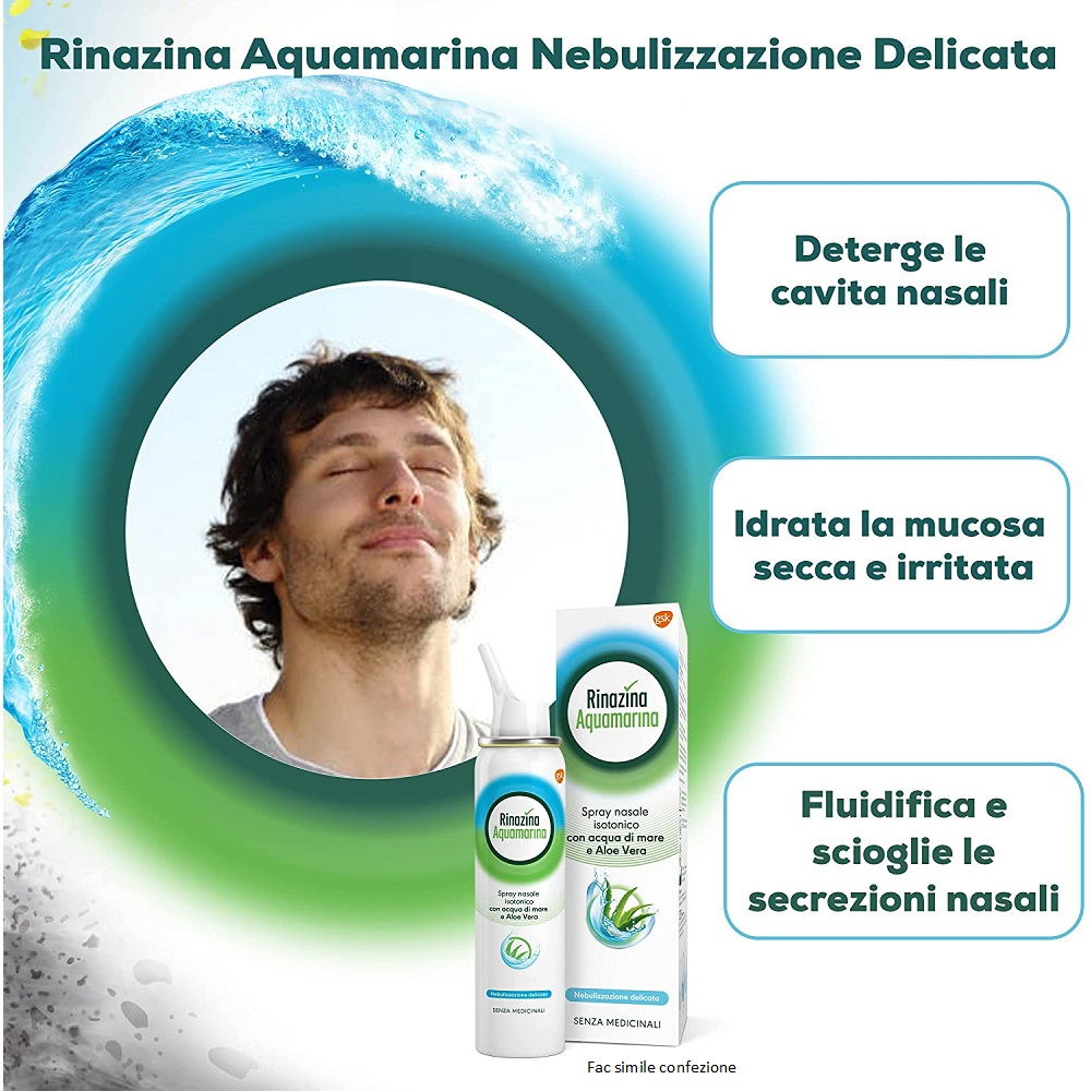 Rinazina Aquamarina Spray Nasale Isotonico Delicato Lavaggio Nasale Acqua di Mare e Aloe Vera 100 ml