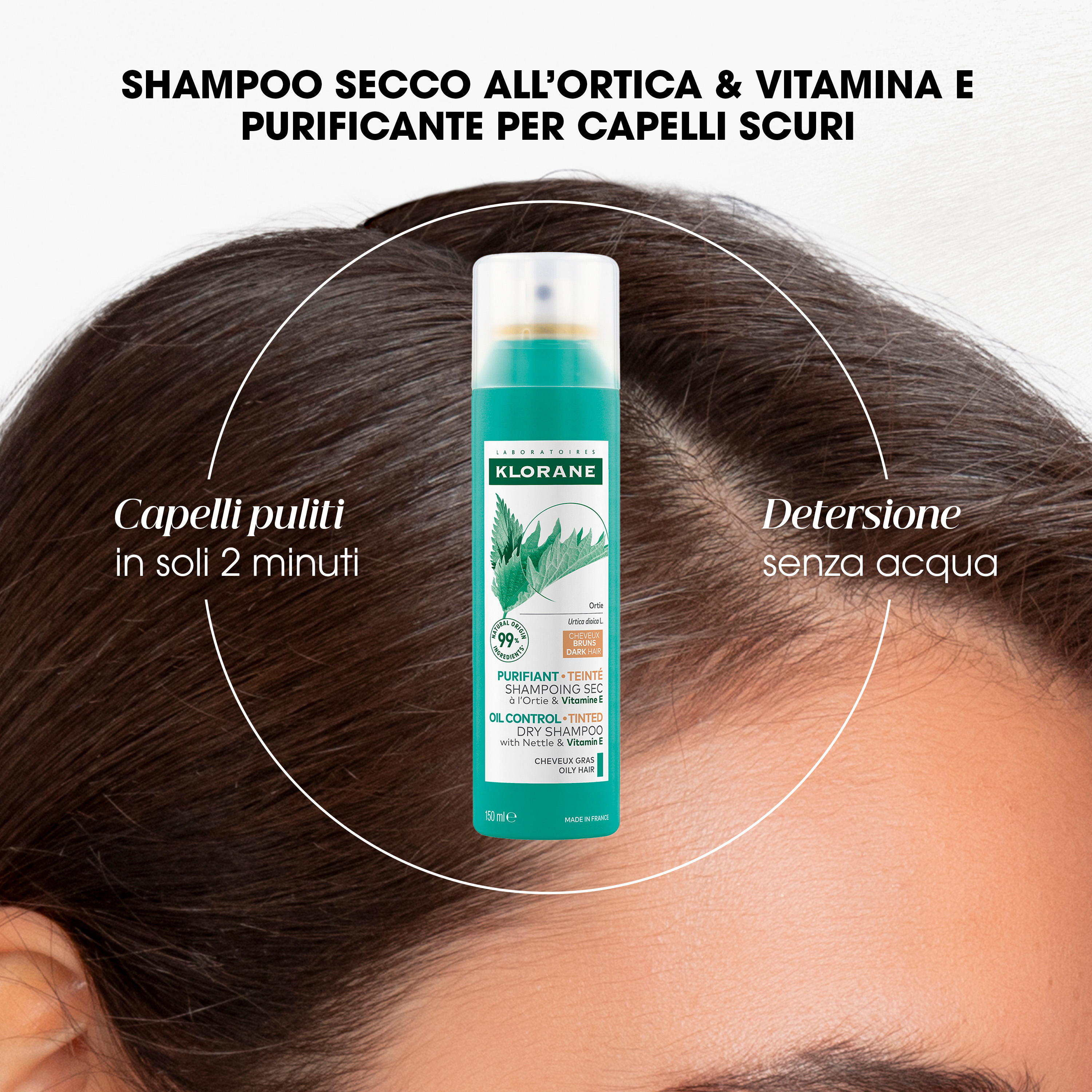 Klorane Purificante Shampoo Secco All'Ortica E Vitamina E Capelli Scuri 150ml