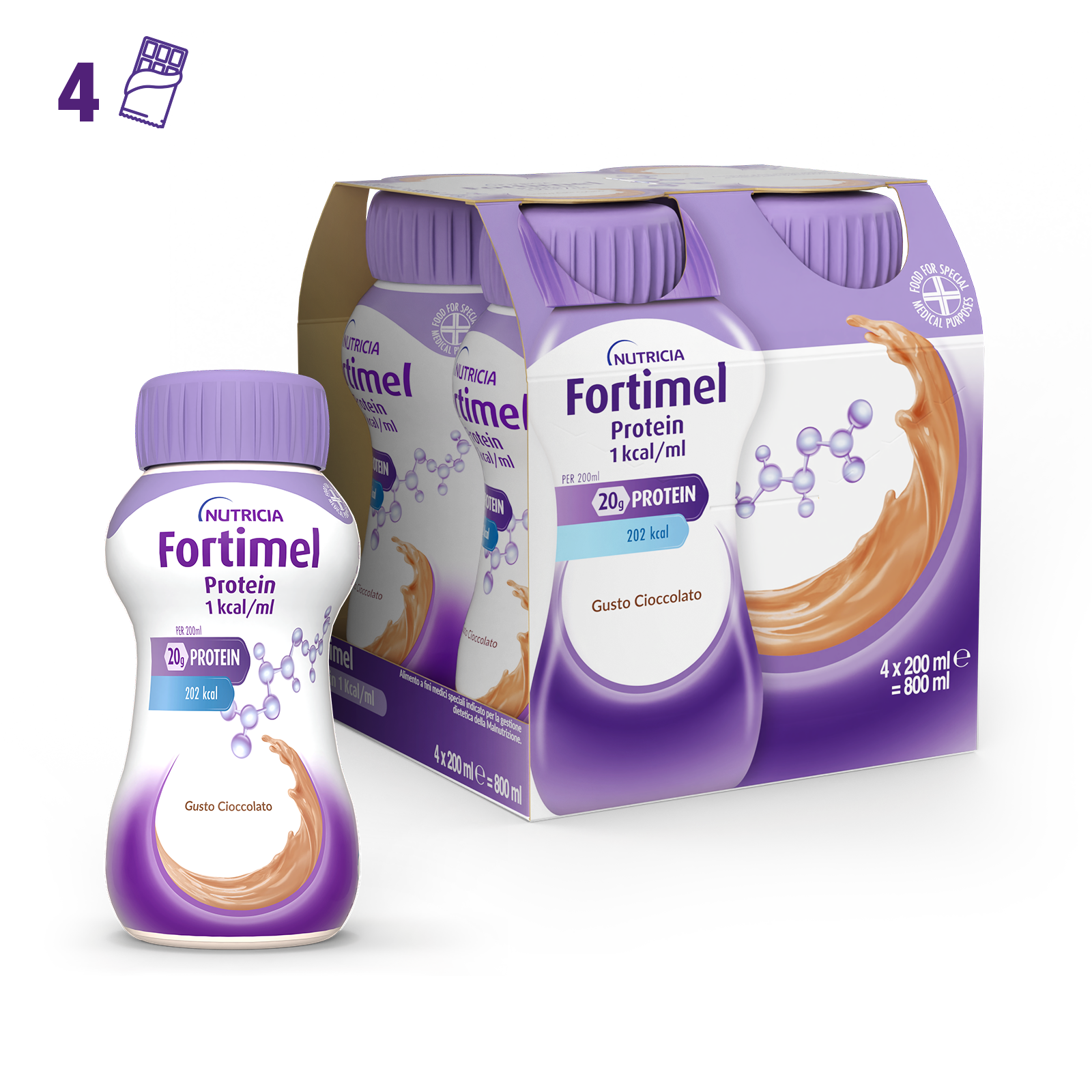 Nutricia Fortimel Protein, Gusto Cioccolato, Ipercalorico, 4x200ml