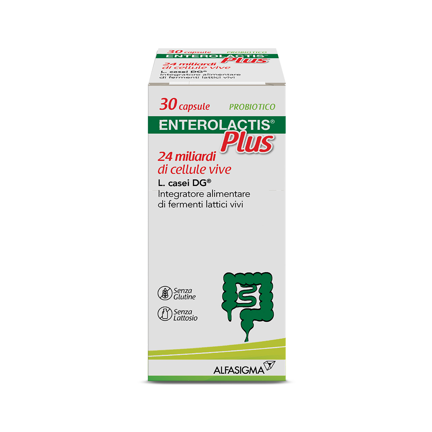 Enterolactis Plus Capsule, Integratore Alimentare con Fermenti lattici, probiotici L,Casei DG, 24 Miliardi Cellule Vive, Senza Glutine e Lattosio, 30 Capsule