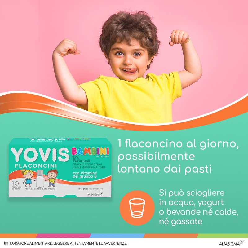 Yovis Bambini Flaconcini, Probiotici per il Benessere Intestinale con Vitamine del Gruppo B, 10 Miliardi di Fermenti Lattici Vivi, indicato per Bambini dai 3 ai 14 anni, 10 Flaconcini, Gusto Fragola