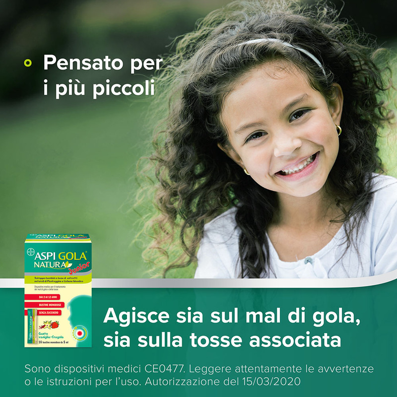 Aspi Gola Natura Junior Sciroppo per bambini, a base di estratti naturali, contro Mal di Gola e Tosse associata, Gusto Vaniglia e Fragola, 16 Bustine Monodose da 5ml
