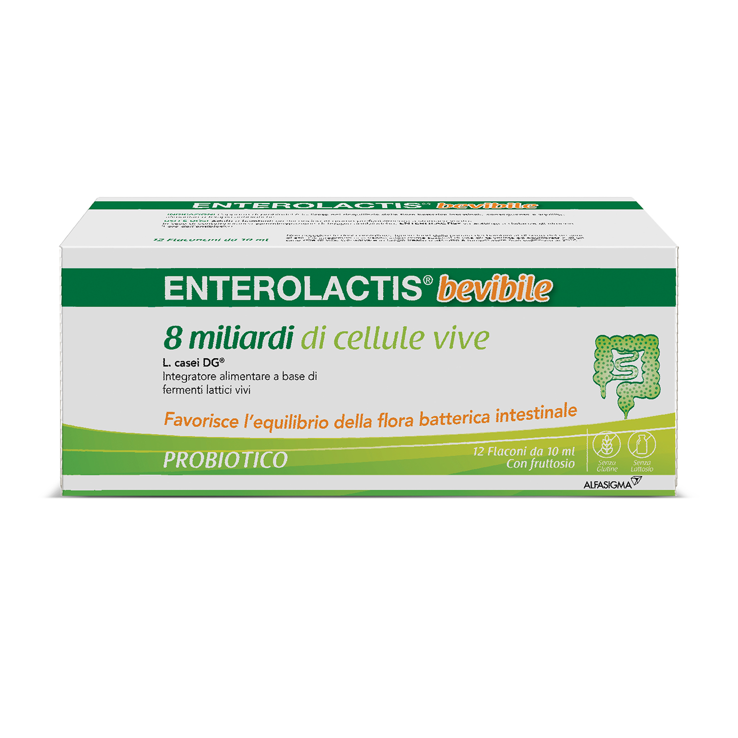 Enterolactis Bevibile, Integratore Alimentare con Fermenti lattici, probiotici L,Casei DG, 8 Miliardi Cellule Vive, Senza Glutine e Lattosio, 12 Flaconcini da 10ml