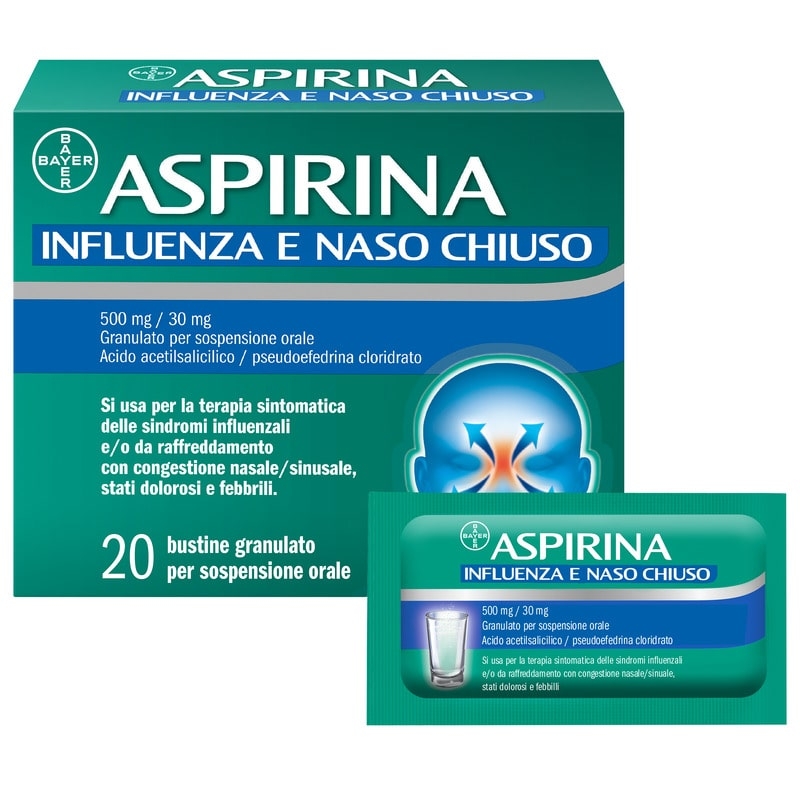 Aspirina Influenza e Naso Chiuso, Granulato per Soluzione Orale, 500mg Acido Acetilsalicilico + 30mg Pseudoefedrina, Effetto Antipiretico e Decongestionante, 20 Bustine