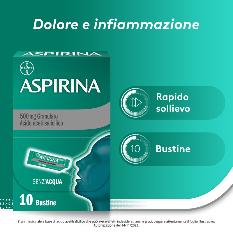 Aspirina in Granuli Senza Acqua, Antidolorifico e Antinfiammatorio contro Mal di Testa, Dolore e Infiammazione,  Aroma Cola, 10 Buste orosolubili