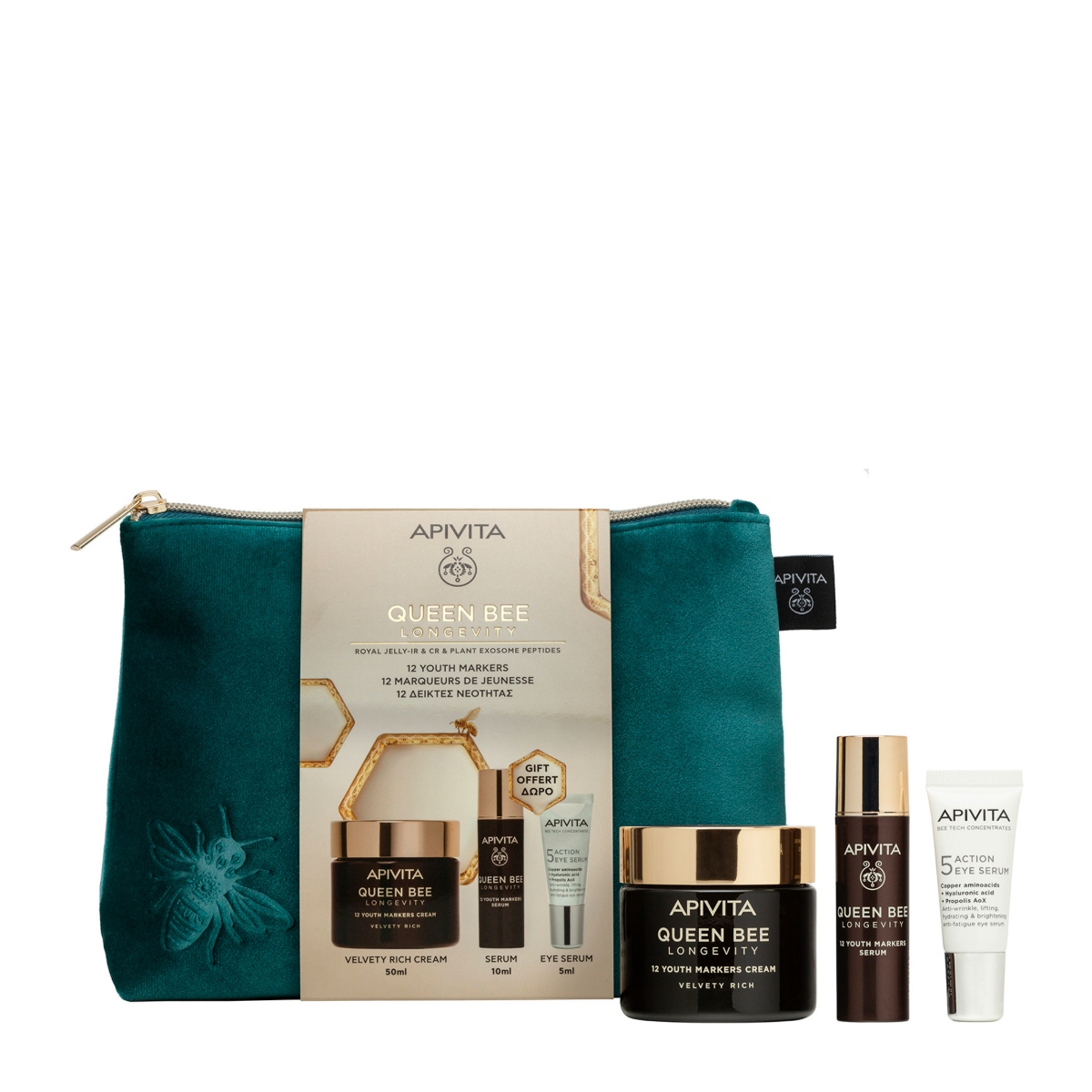 Apivita Queen Bee Longevity Cofanetto Regalo - Crema Ricca Vellutata 50 ml + Siero 10 ml + 5 Action Siero Occhi 5 ml