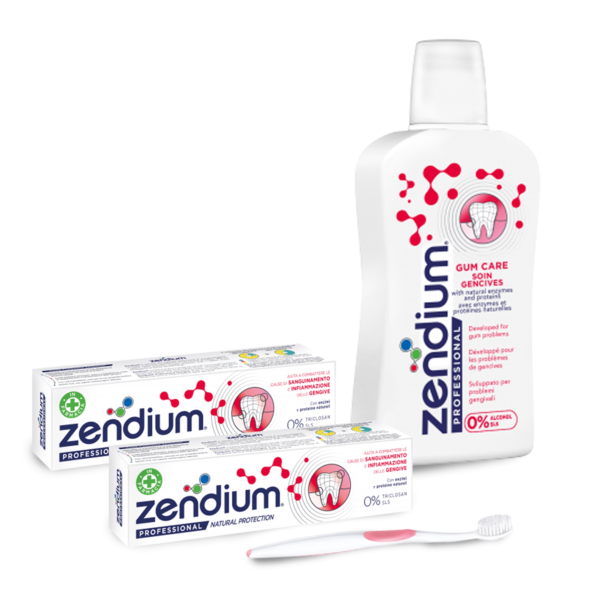 ZENDIUM KIT - Gengive infiammate o sanguinanti - Collutorio + Spazzolino + 2 dentifrici