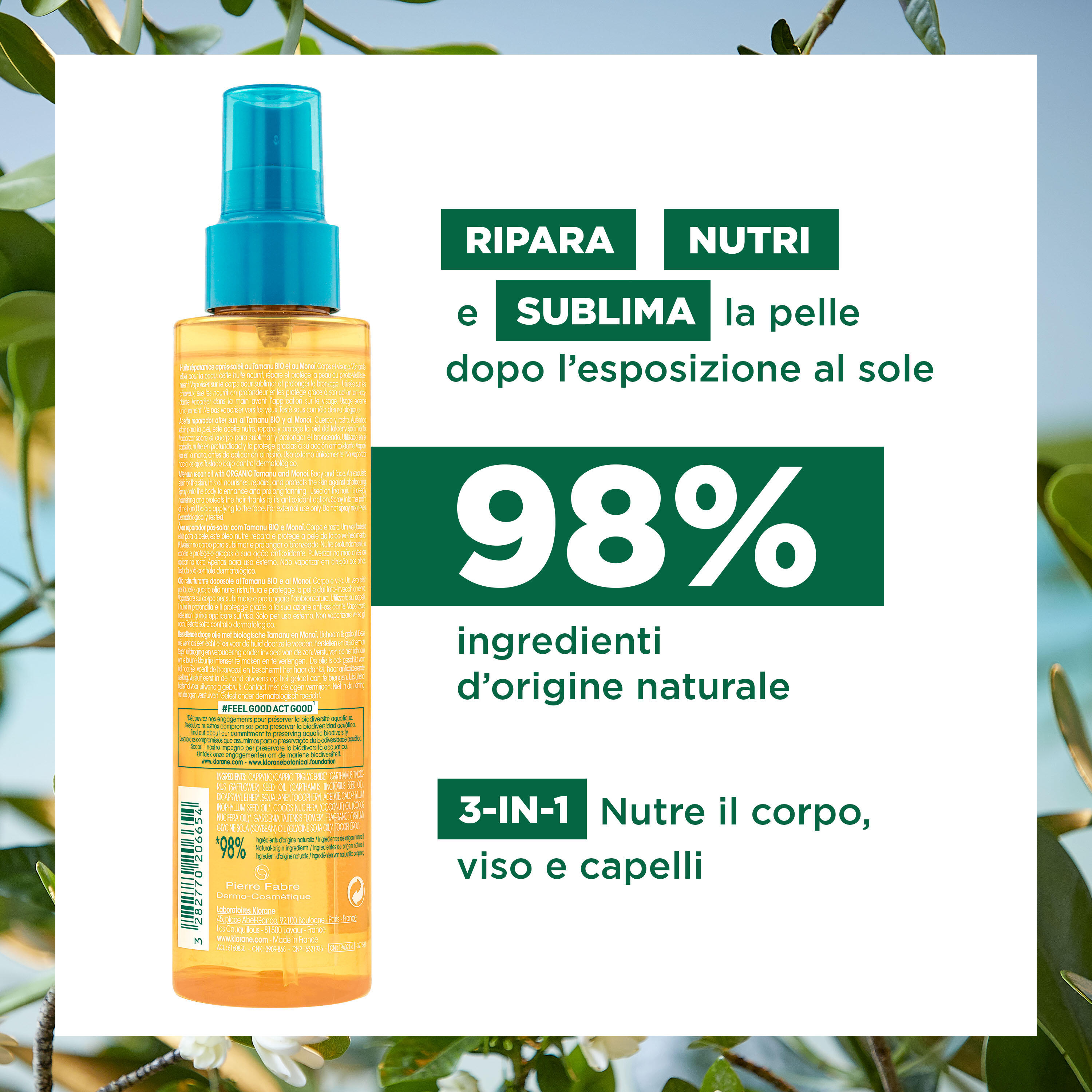 Klorane - Olio Ristrutturante Doposole Con Tamanu Bio E Monoï Viso E Corpo 150 ml
