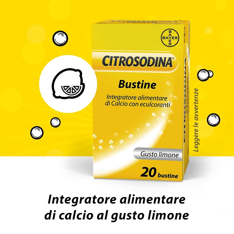 Citrosodina, Integratore di Calcio,  Digestivo per ritrovare la leggerezza dopo i pasti, Senza Zucchero, Gusto Limone, 20 Bustine Effervescenti