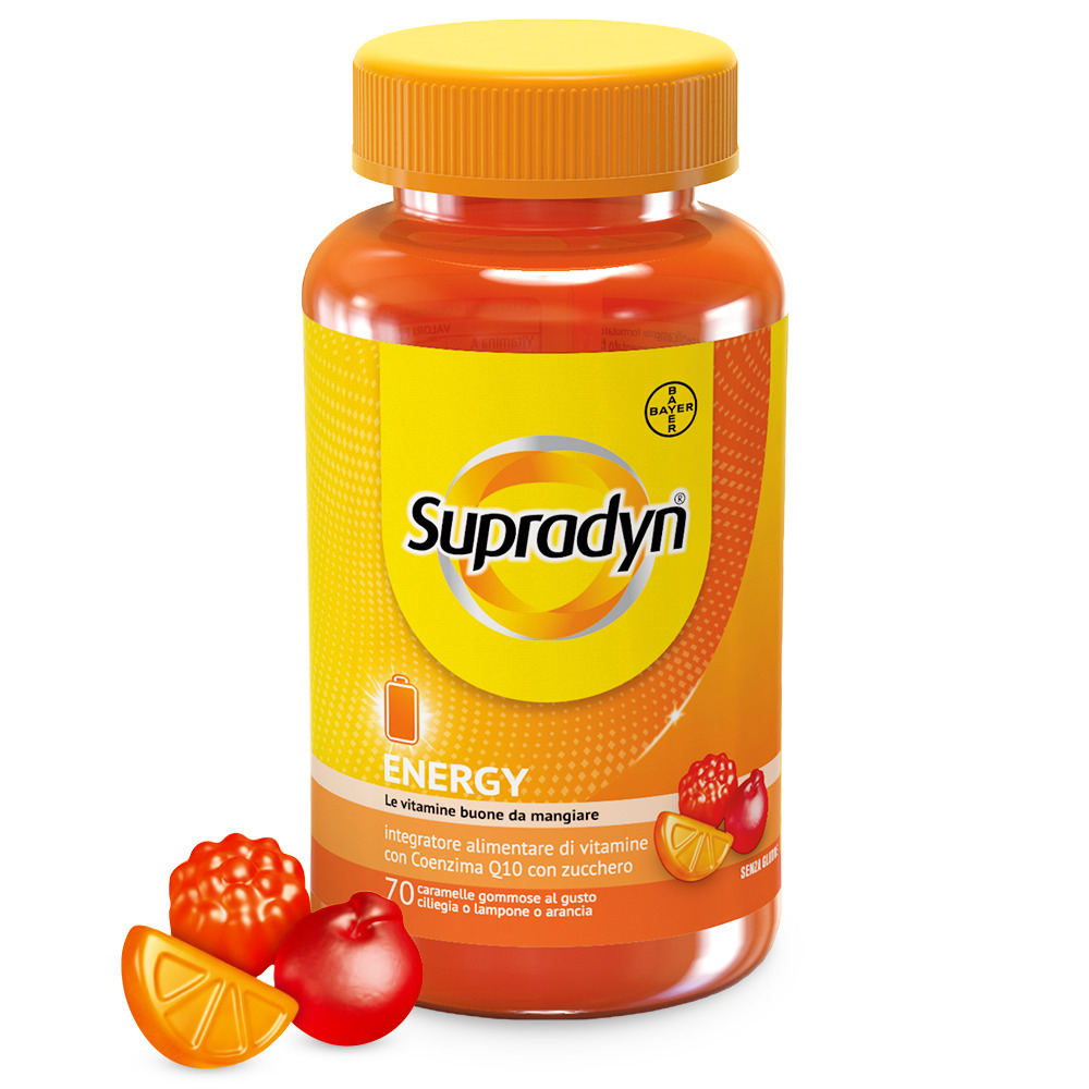 Supradyn Energy Integratore Multivitaminico con Vitamine A, B, C, D, E e Coenzima Q10  contro la Stanchezza, Gusto Ciliegia, Lampone e Arancia, 70 Caramelle Gommose