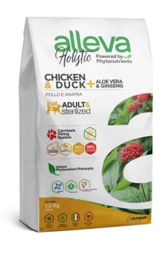 ALLEVA HOLISTIC CAT ADULT & STERILIZED LIGHT & HAIRBALL CHICKEN & DUCK + SUGARCANE FIBER & GINSENG KG 1,5 - P00288H