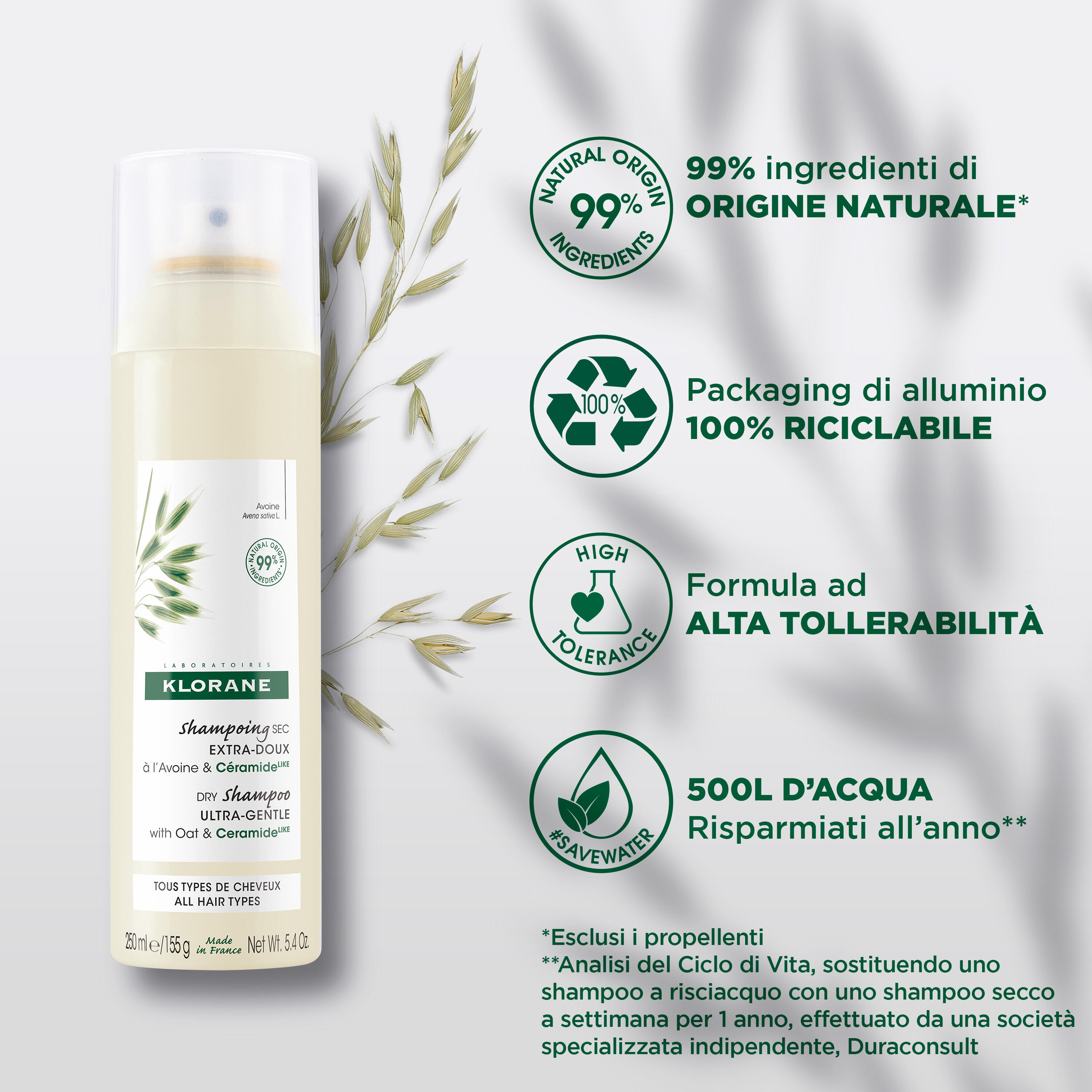 Klorane - Shampoo Secco Extra-Delicato All'Avena & Ceramide Per Tutti I Tipi Di Capelli Spray 150 ml 