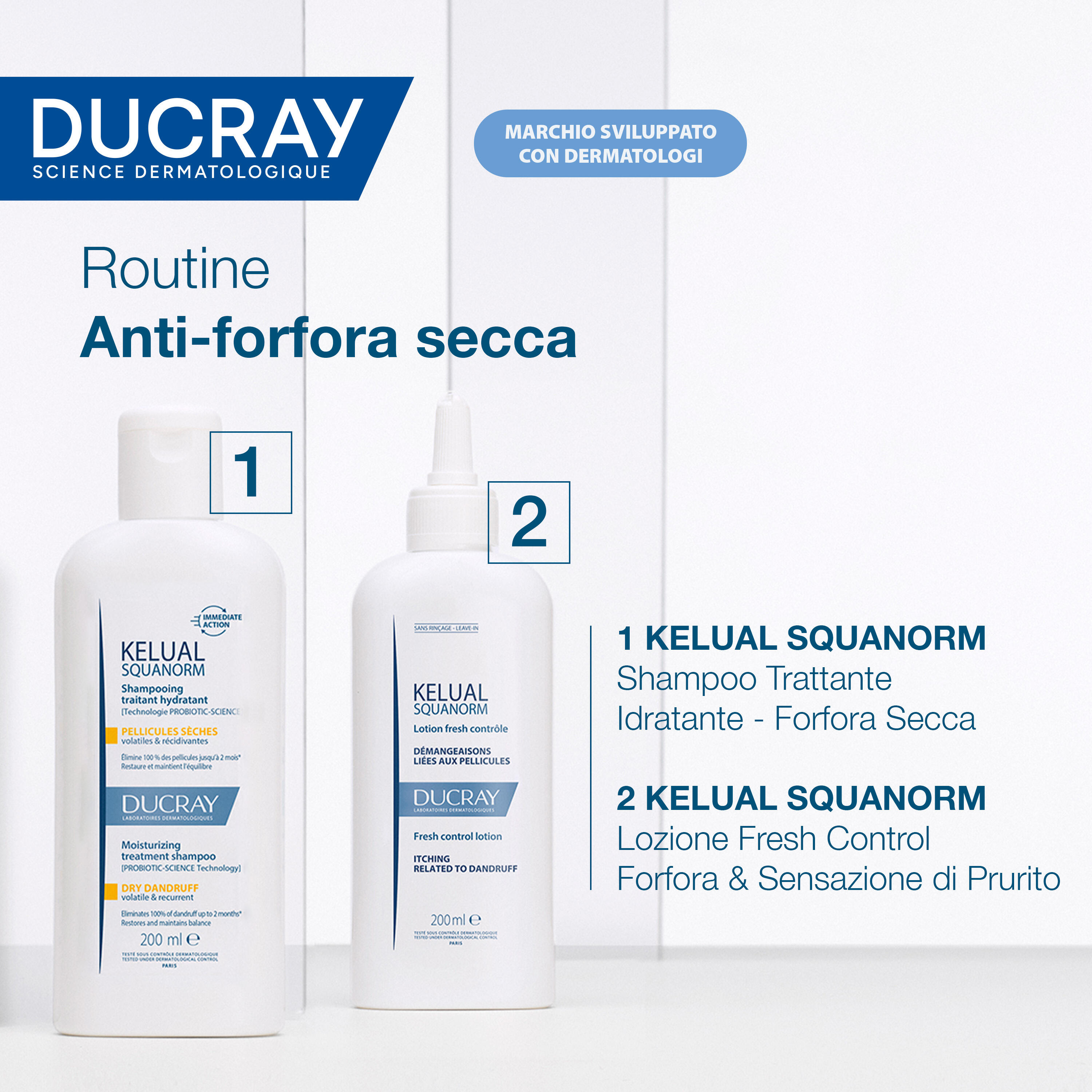 Ducray Kelual Squanorm Shampoo Trattante Idratante Forfora Secca, Elimina 100% della forfora, Azione anti-ricomparsa, Cuoio capelluto secco 200ml 