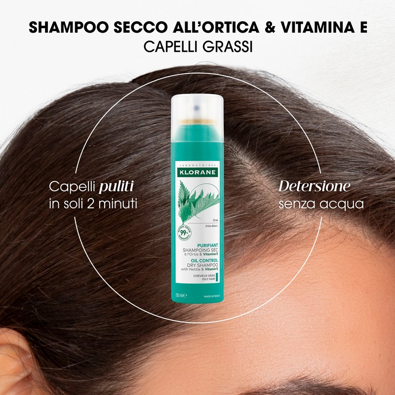 Klorane  Shampoo secco all'Ortica & Vitamina E, capelli grassi, purificante, 150ml 