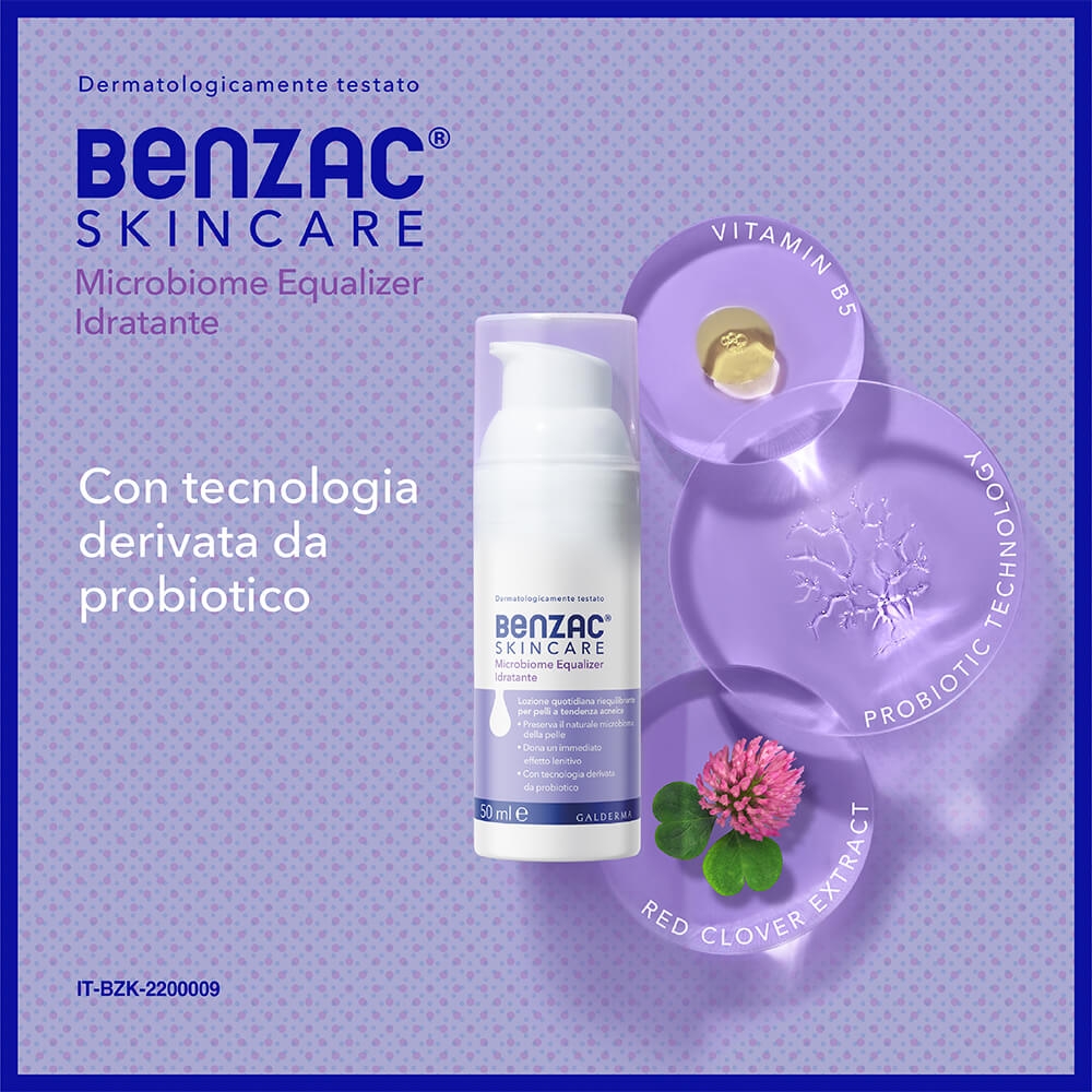 Benzac Skincare Microbiome Equalizer, Lozione Idratante Viso , Preserva il Naturale Microbioma Cutaneo, con Tecnologia Derivata da Probiotico e Pantenolo Lenitivo con Vitamina B5 50ml
