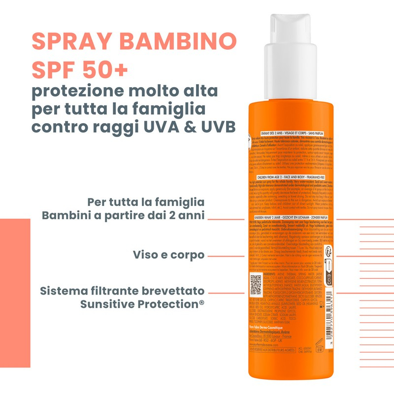 Eau Thermale Avène Spray solare bambino, protezione molto alta SPF 50+, 200 ml
