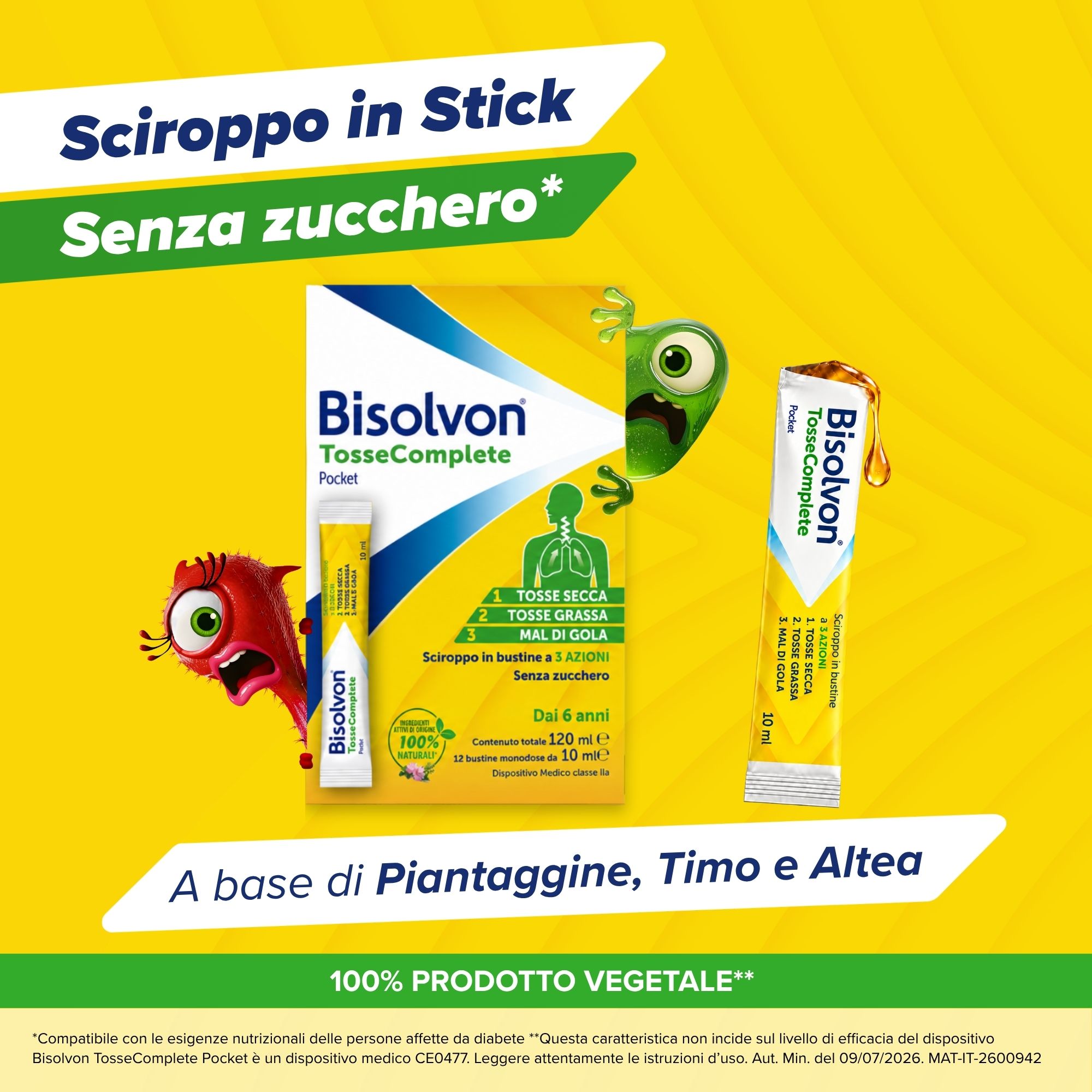 Bisolvon Tosse Complete 12 Bustine Monodose - Trattamento Per Tosse Grassa, Secca E Mal Di Gola