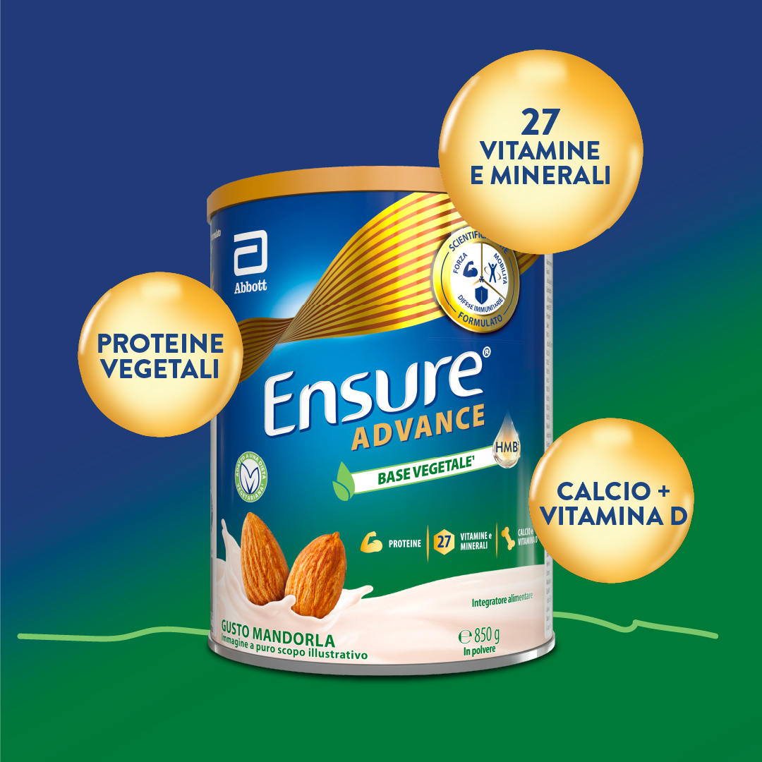 Ensure Advance Base Vegetale, integratore alimentare con Proteine Vegetali. Formato 850g, gusto Mandorla 