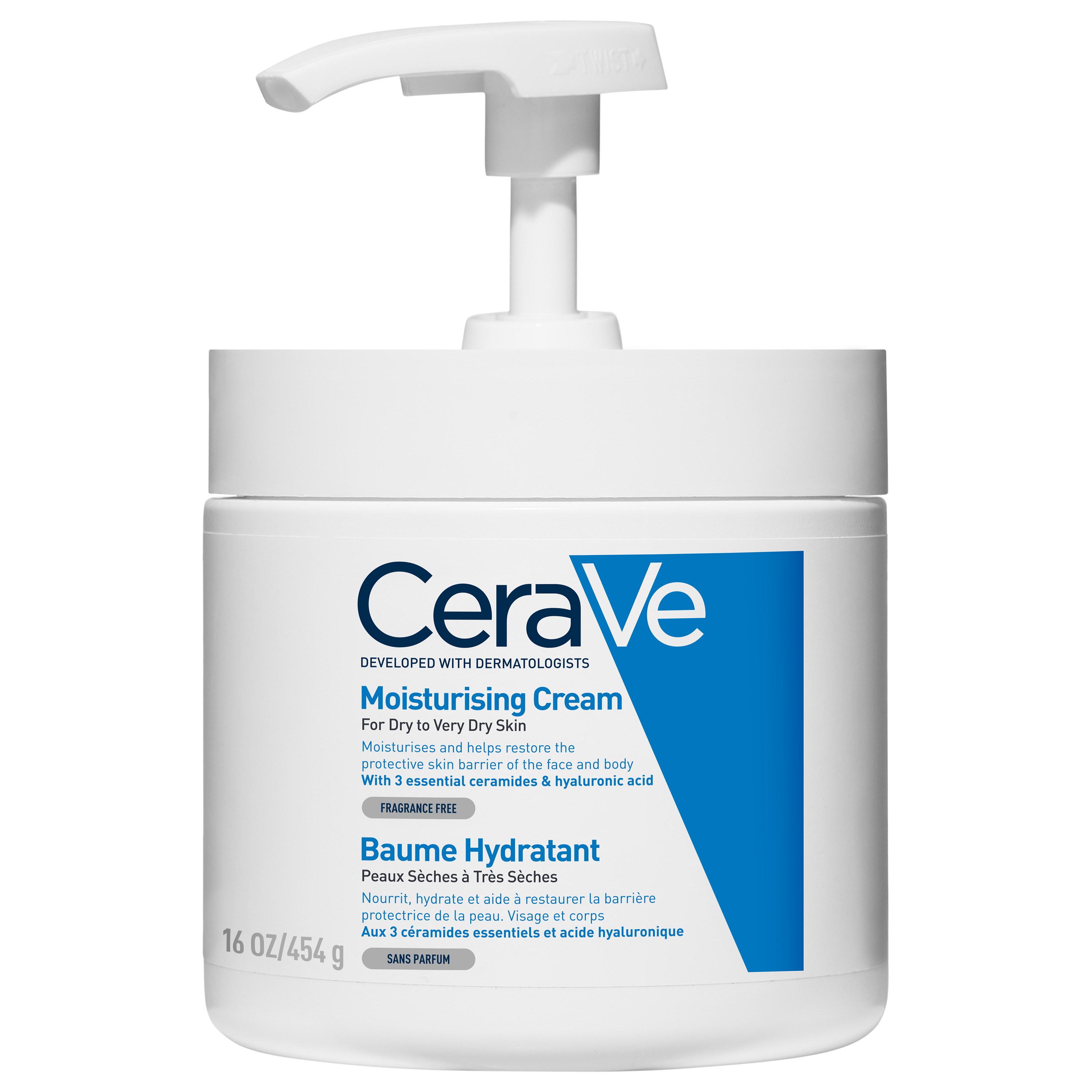 CeraVe Crema Idratante, Per Pelli Da Secche a Molto Secche Per il Corpo e il Viso, con Dispenser, 454 g