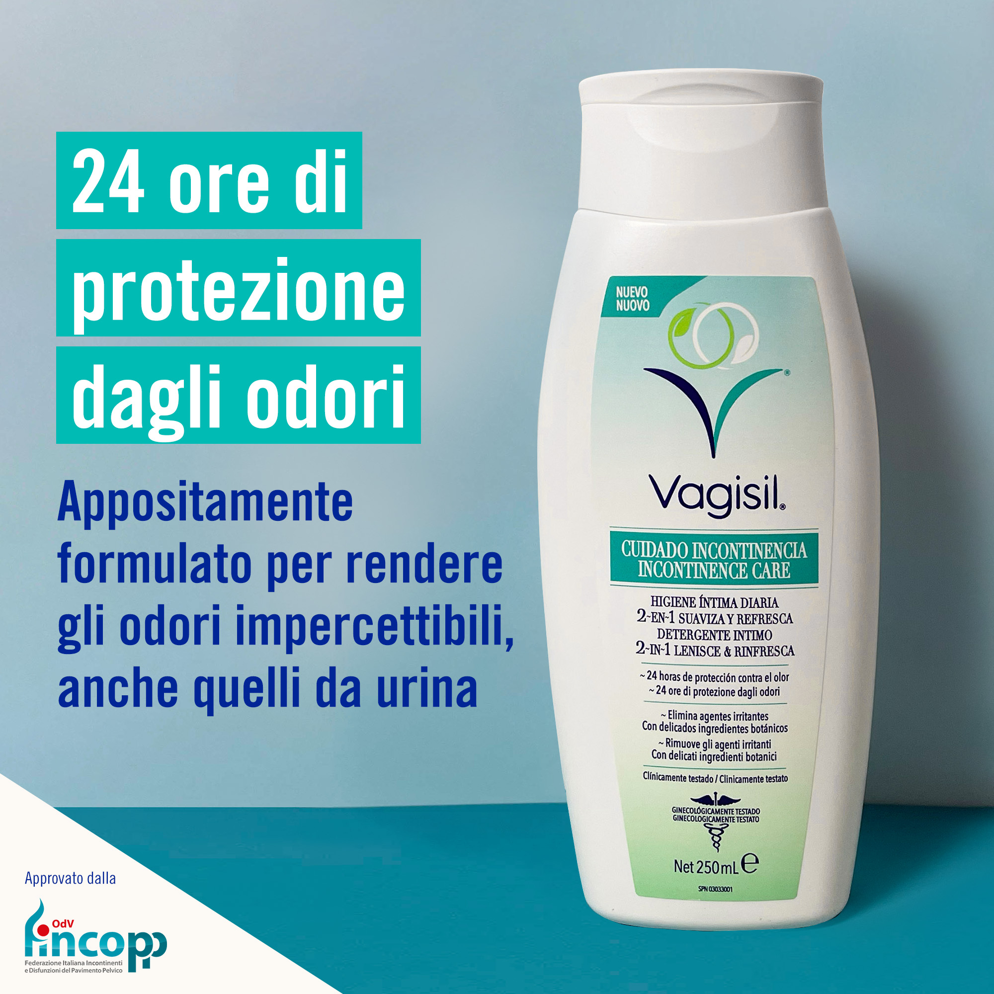 VAGISIL INCONTINENCE CARE DETERGENTE INTIMO 2-IN-1 LENISCE E RINFRESCA 250ml