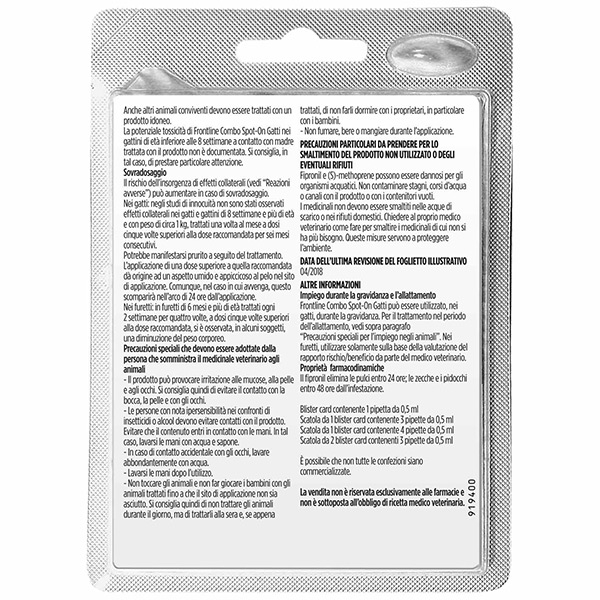 Frontline Combo Gatti x1 Pipetta, Antiparassitario per Gatti, Gattini e Furetti, Contro Pulci, Zecche, Uova, Larve e Pidocchi