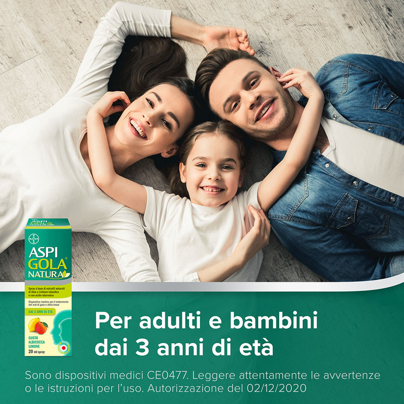 Aspi Gola Natura Spray, con estratti naturali di Aloe, Acido Ialuronico e Lichene Islandico, contro Mal di Gola e Tosse associata, Gusto Albicocca e Limone Flacone da 20ml