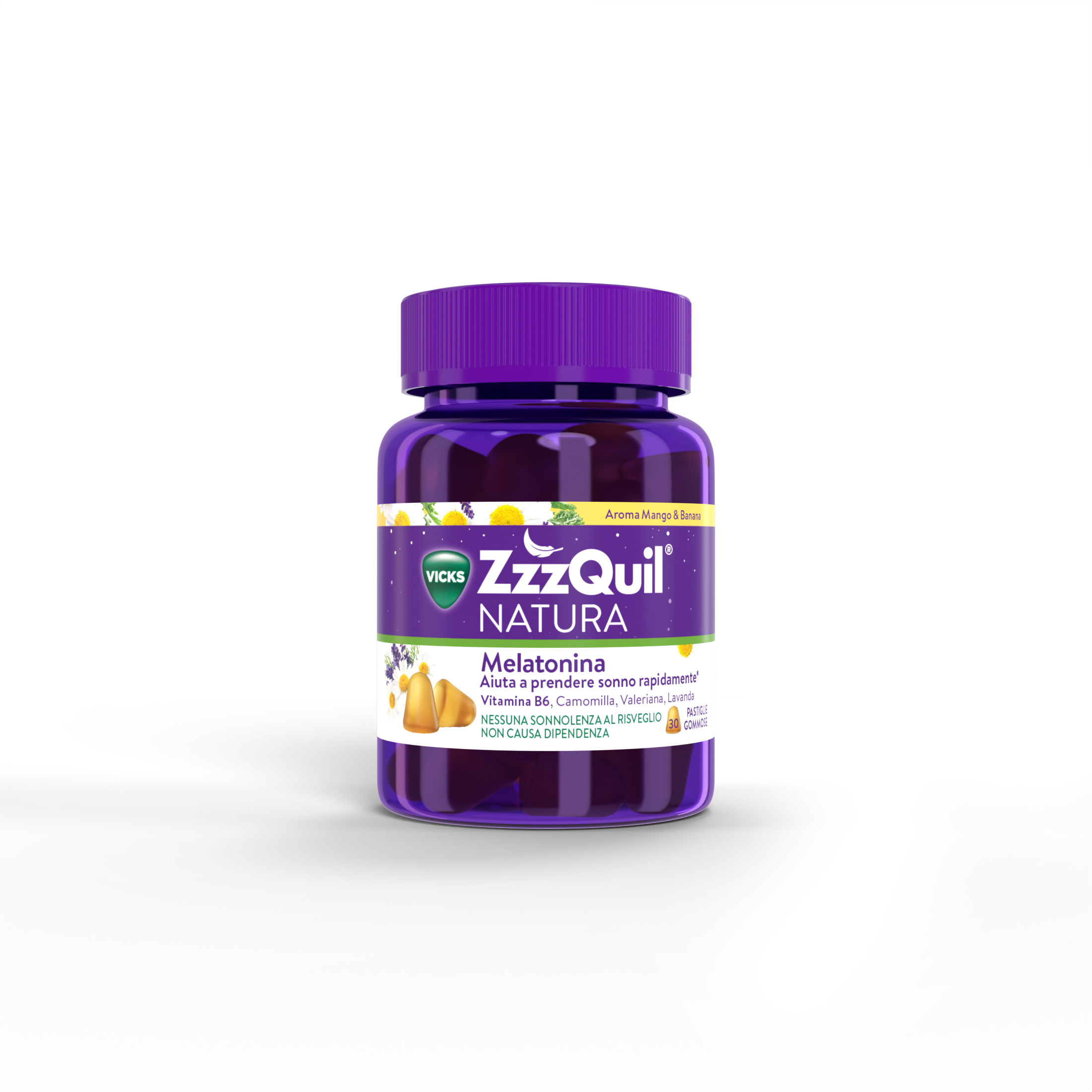 Integratore per il sonno ZzzQuil NATURA gusto MANGO & BANANA: 30 pastiglie gommose a base di melatonina con camomilla, valeriana e lavanda