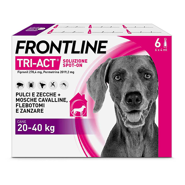 Frontline Tri Act x6 Pipette, Antiparassitario Per Cani e Cuccioli (Taglia L 20-40Kg) Contro Pulci, Zecche, Zanzare, Pappataci e Leishmaniosi