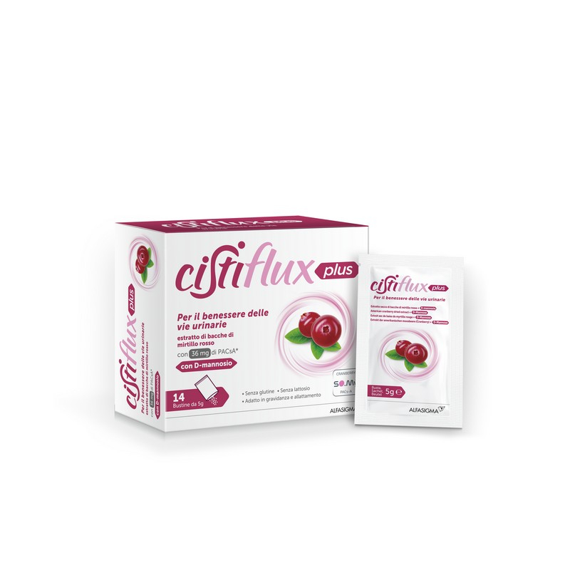 Cistiflux a Plus 36Ed, Integratore a Base di Estratto di Mirtillo Rosso, Cranberry Americano, e D-Mannosio, per Favorire Una Corretta Funzionalità delle Vie Urinarie, utile in caso di cistite, 14 Bustine, Gusto Frutti di Bosco