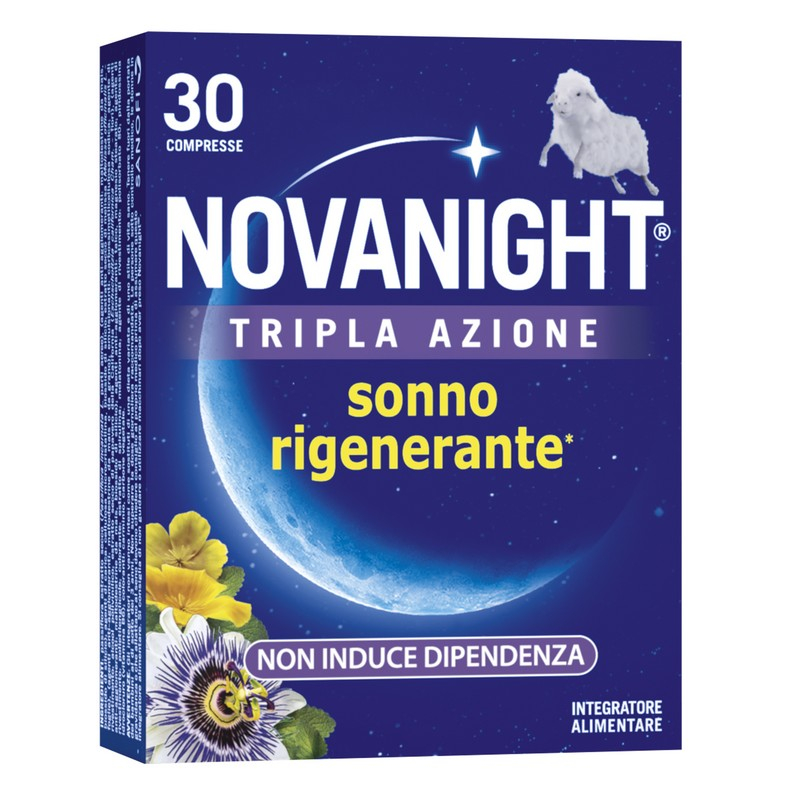 NOVANIGHT Tripla Azione Sonno Rigenerante, Integratore Alimentare con Melissa e Melatonina per Dormire, Senza Glutine, 30 Compresse, Non Induce Dipendenza