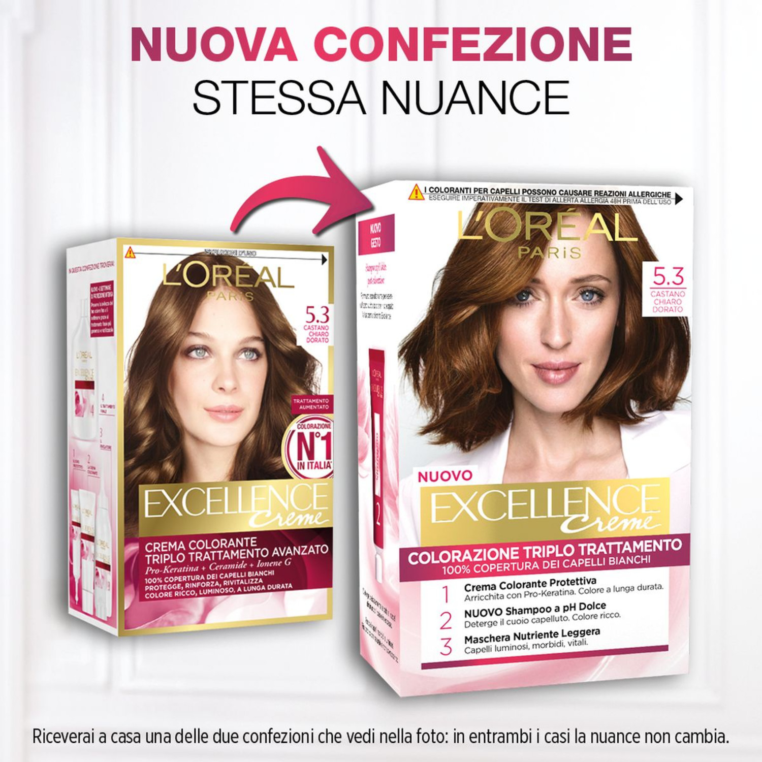 L'Oréal Paris Colorazione Triplo Trattamento Excellence, Con Acido Ialuronico, 100% Copertura Capelli Bianchi, Per Capelli Più Idratati, Castano Chiaro Dorato (5.3)