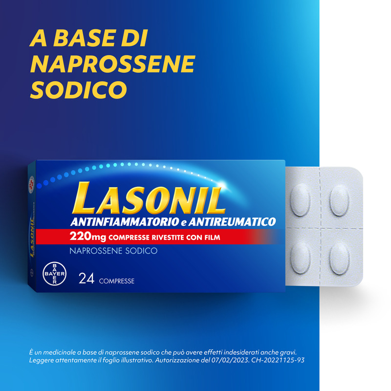Lasonil Antinfiammatorio e Antidolorifico, Per trattamento di Mal di Schiena, Dolori Muscolari e Articolari, con 220mg di Naprossene Sodico, 24 Compresse Rivestite