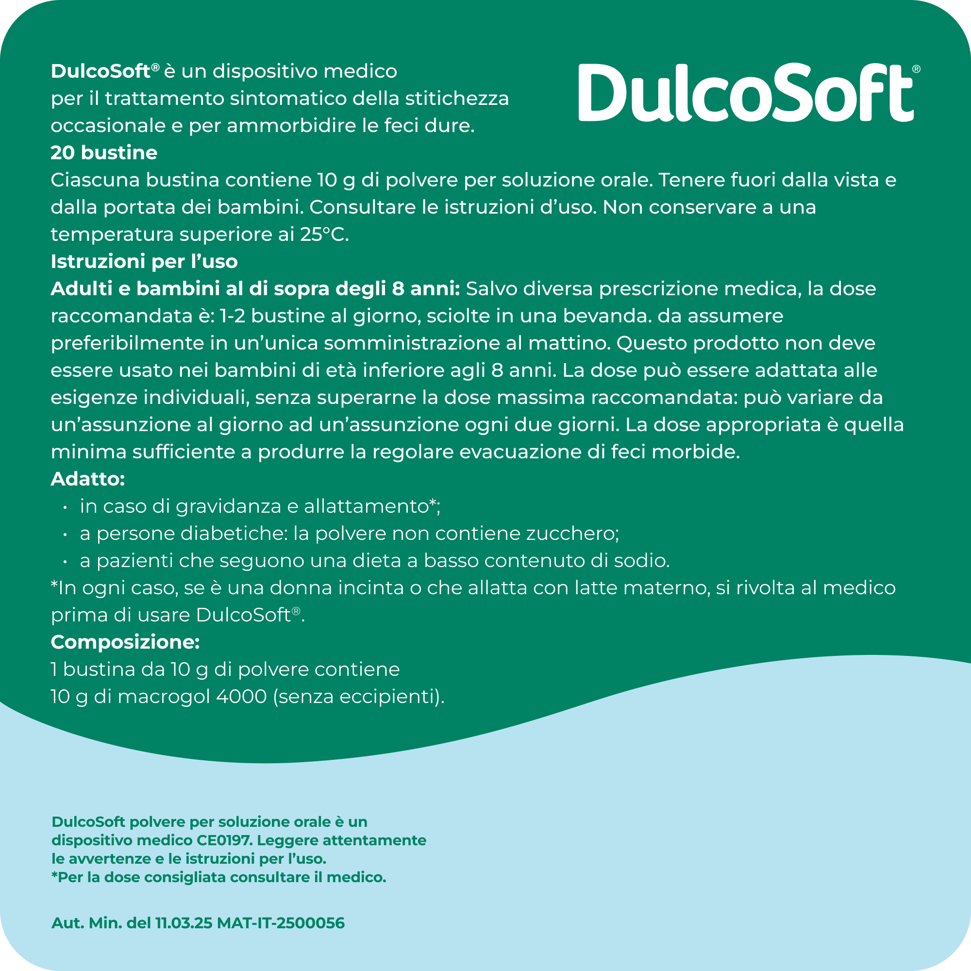 Dulcosoft, Dispositivo Medico, Feci Dure, Senza Glutine, Senza Zucchero, Macrogol 4000, 20 Bustine Predosate, Adulti, Bambini