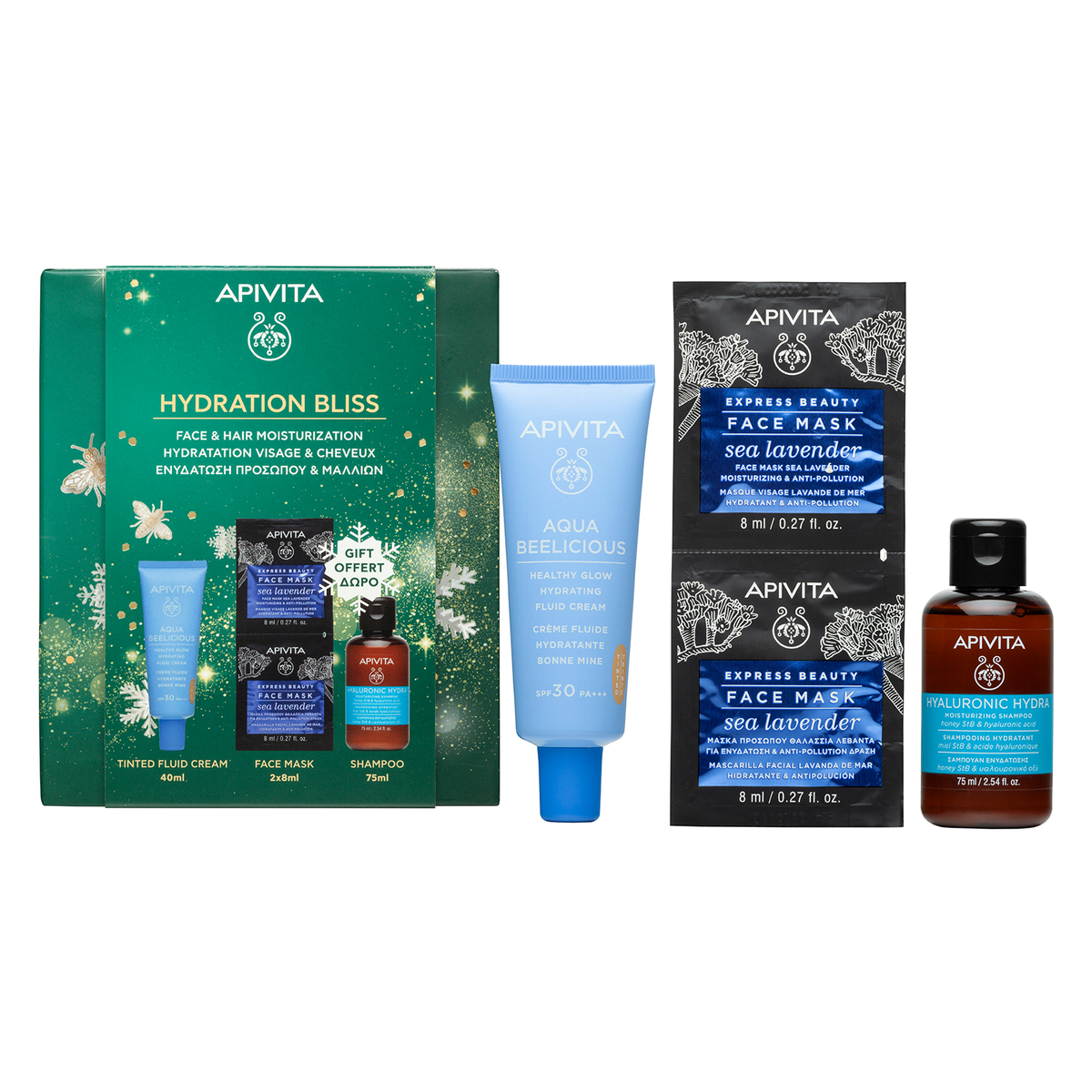 Apivita Aqua Beelicious Cofanetto Regalo - Crema Colorata SPF30 Fluida 40 ml + Shampoo Idratante 75 ml + 2 Maschere Lavanda Marina Viso