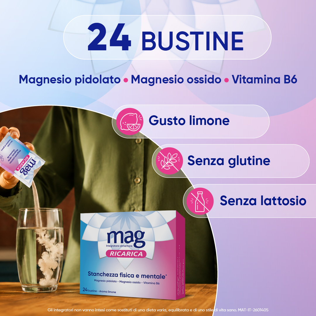 Mag Ricarica 24 Bustine - Integratore Con Magnesio Pidolato, Magnesio Ossido e Vitamina B6 Contro Stanchezza Mentale E Fisica
