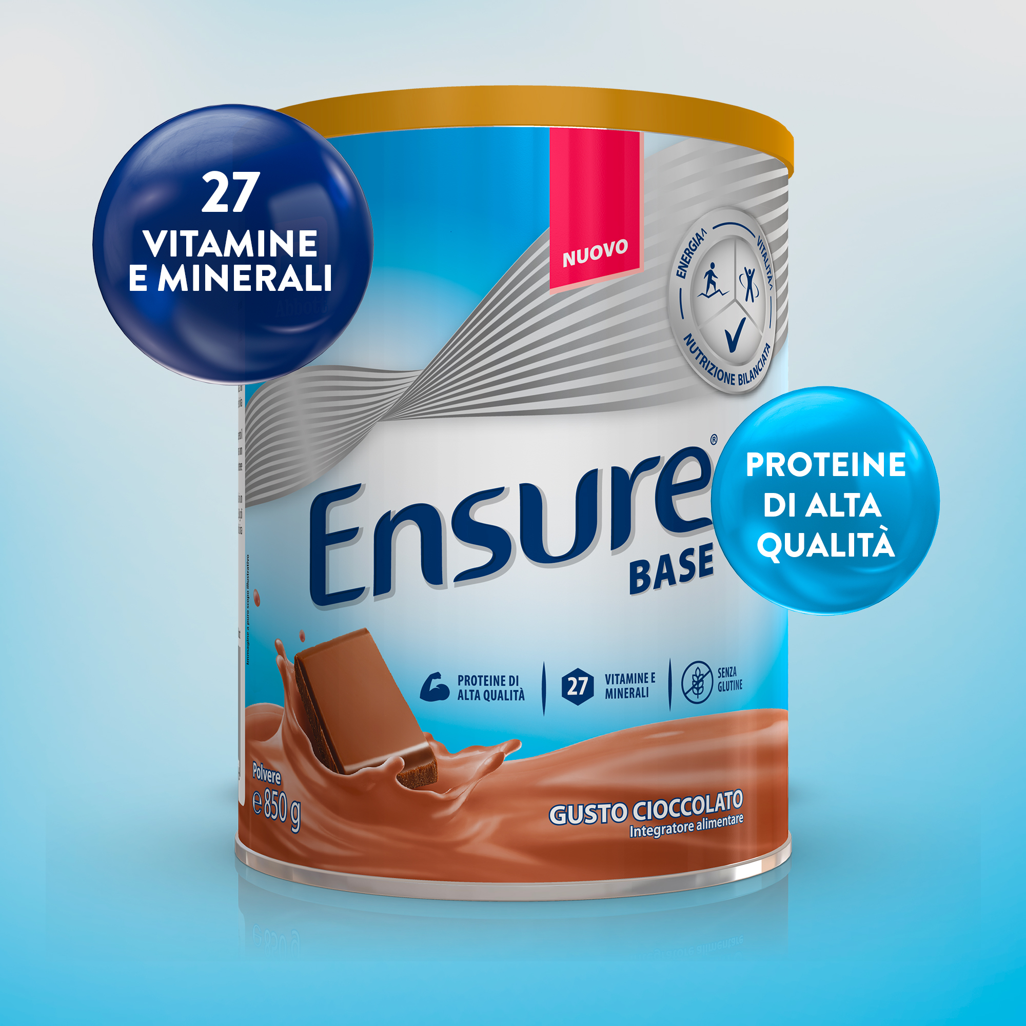 ABBOTT ENSURE BASE: Integratore alimentare che aiuta a sostenere le difese immunitarie e a contrastare stanchezza e affaticamento  - GUSTO CIOCCOLATO 850 gr 