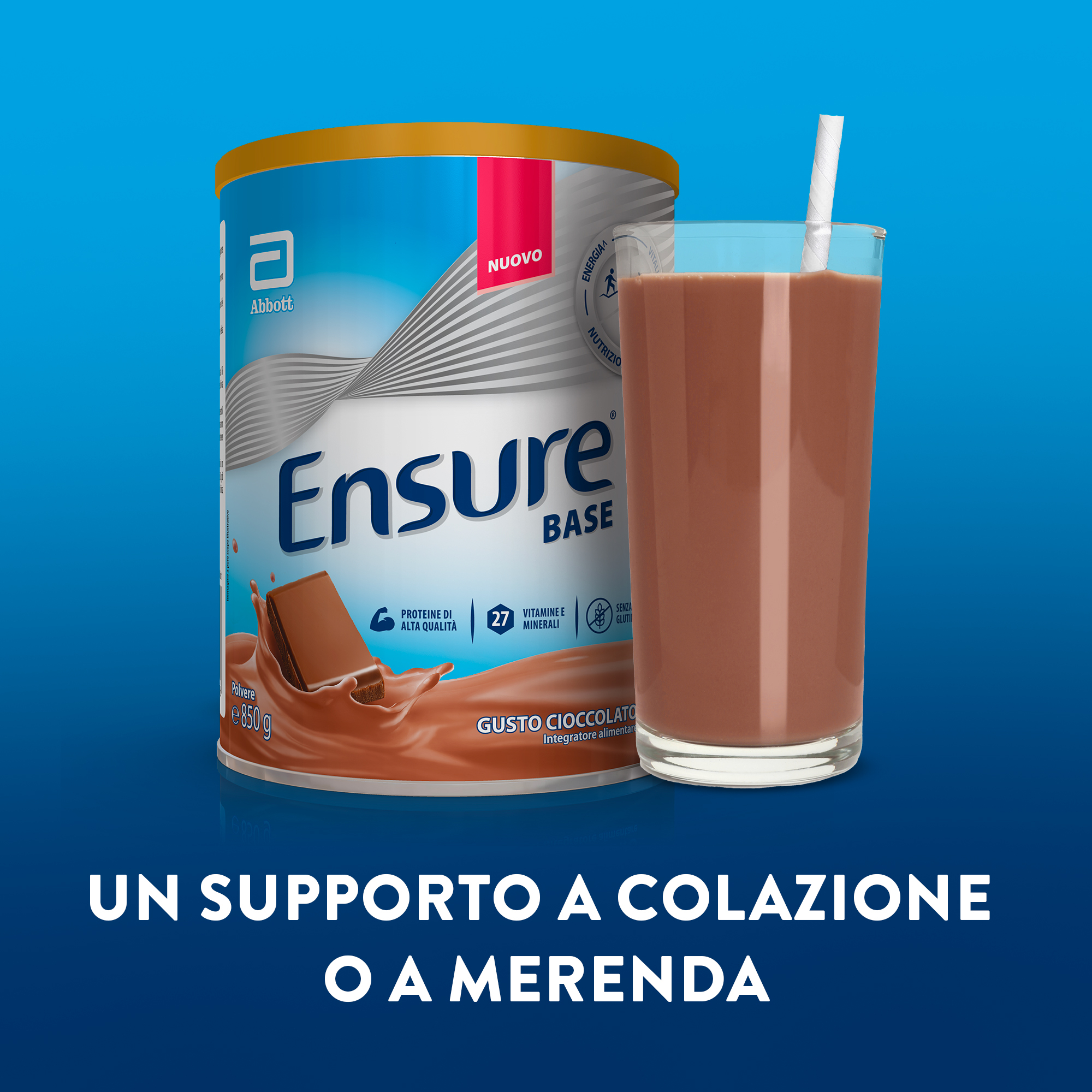 ABBOTT ENSURE BASE: Integratore alimentare che aiuta a sostenere le difese immunitarie e a contrastare stanchezza e affaticamento  - GUSTO CIOCCOLATO 850 gr 