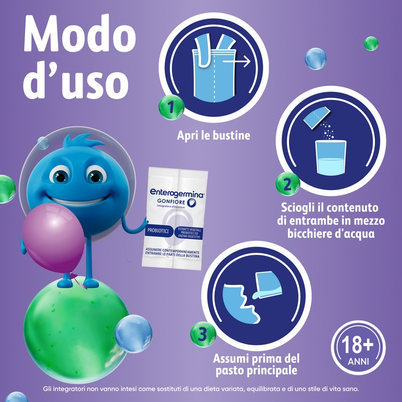 Enterogermina Gonfiore 10 bustine, Integratore Alimentare con Probiotici, Enzimi Digestivi e Fermenti Lattici per Adulti Contro Gonfiore Addominale, Gusto Pesca