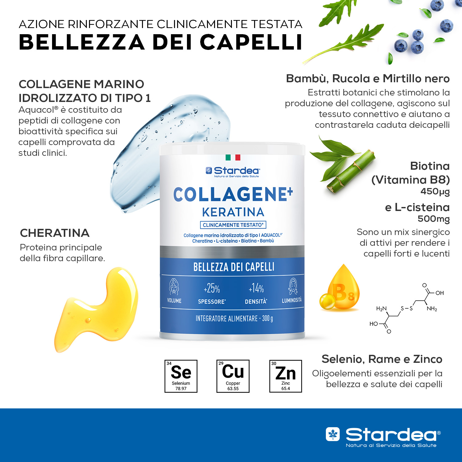 STARDEA COLLAGENE + KERATINA POLVERE - INTEGRATORE ALIMENTARE A BASE DI Collagene marino, Cheratina, Selenio, Rame e Zinco. Salute dei capelli - POLVERE 300 GR.