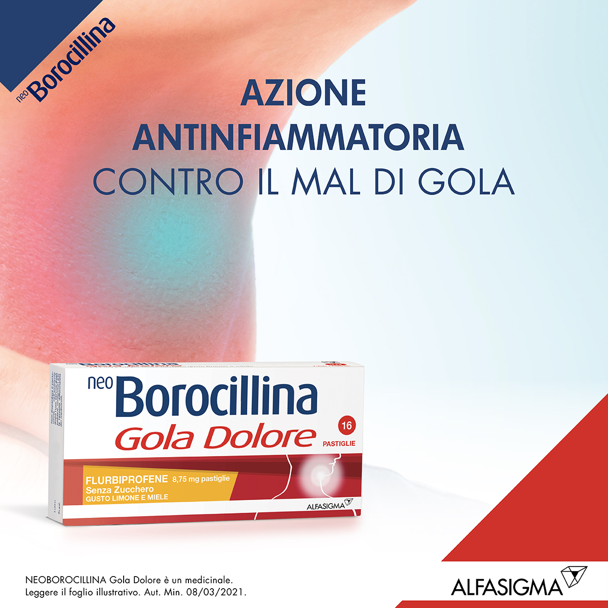Neo Borocillina Gola Dolore 8,75 mg Limone e Miele Senza Zucchero 16 Pastiglie