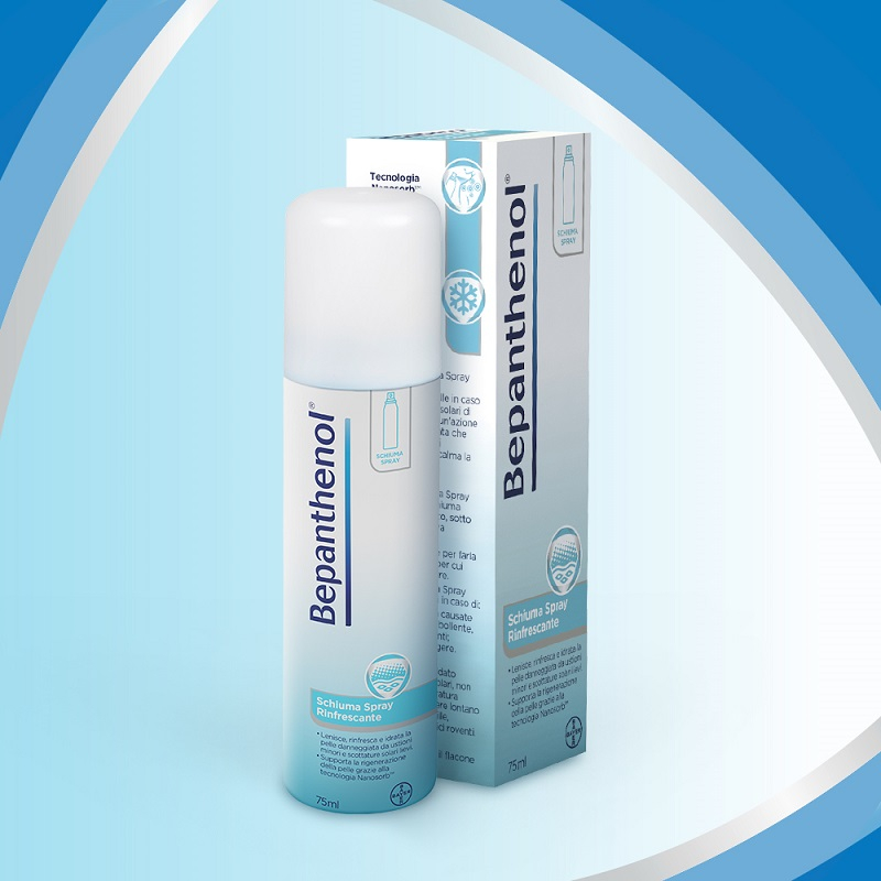 Bepanthenol Schiuma Spray, Trattamento Rinfrescante per Scottature e Ustioni minori, con Pantenolo, Senza Cortisone,  Calma e Idrata la Pelle Irritata, Flacone da 75 ml