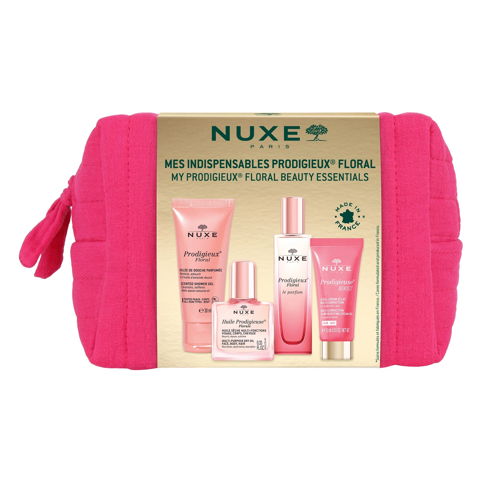 Nuxe Prodigieux - Trousse Gli Indispensabili Florale Gel Doccia 30ml + Huile Florale 10ml + Le Parfum 15ml + Crema Gel Viso 15ml